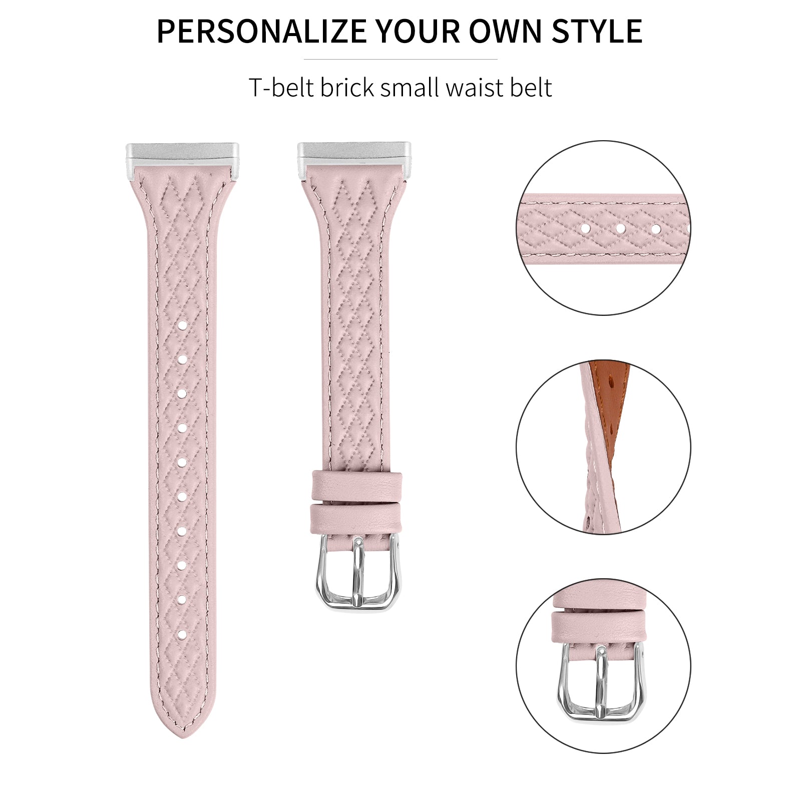 For Fitbit Versa 3 / Sense Top-layer Cow Leather Rhombus Design Watch Strap - Pink