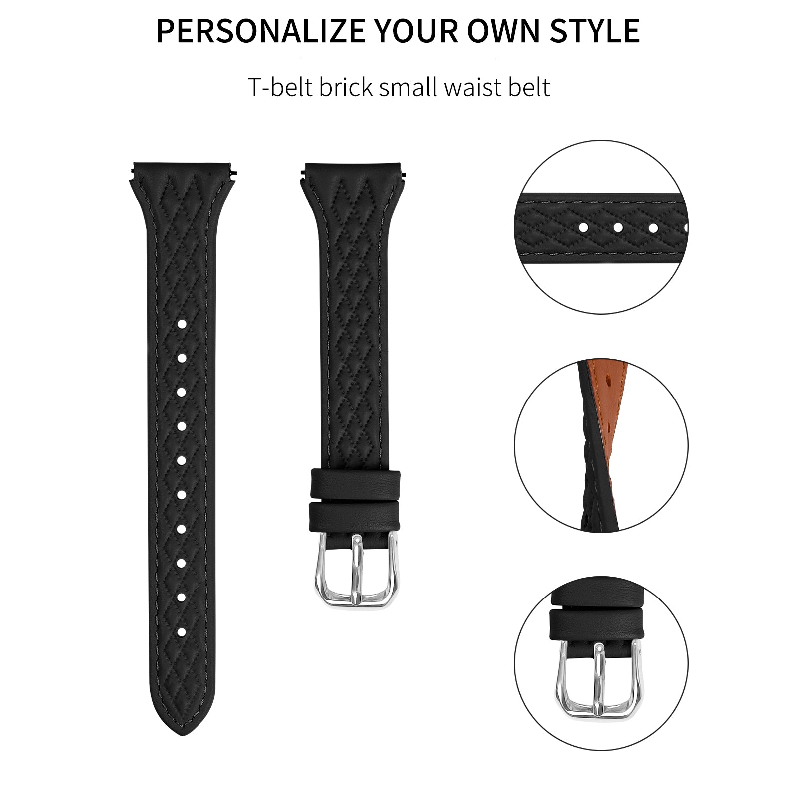 For TicWatch 2  /  E  /  C2 (Black  /  Silver Dial) Genuine Cow Leather Rhombus Imprinted Watchband - Black