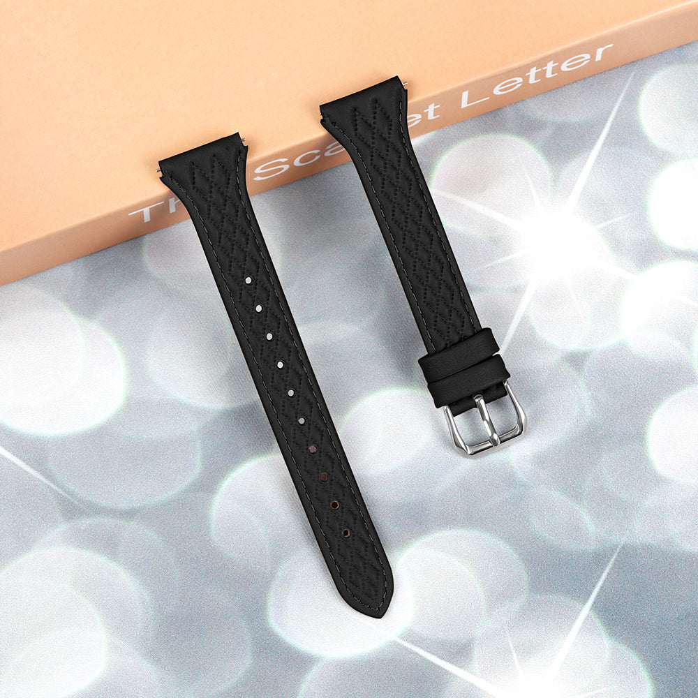 For TicWatch 2  /  E  /  C2 (Black  /  Silver Dial) Genuine Cow Leather Rhombus Imprinted Watchband - Black