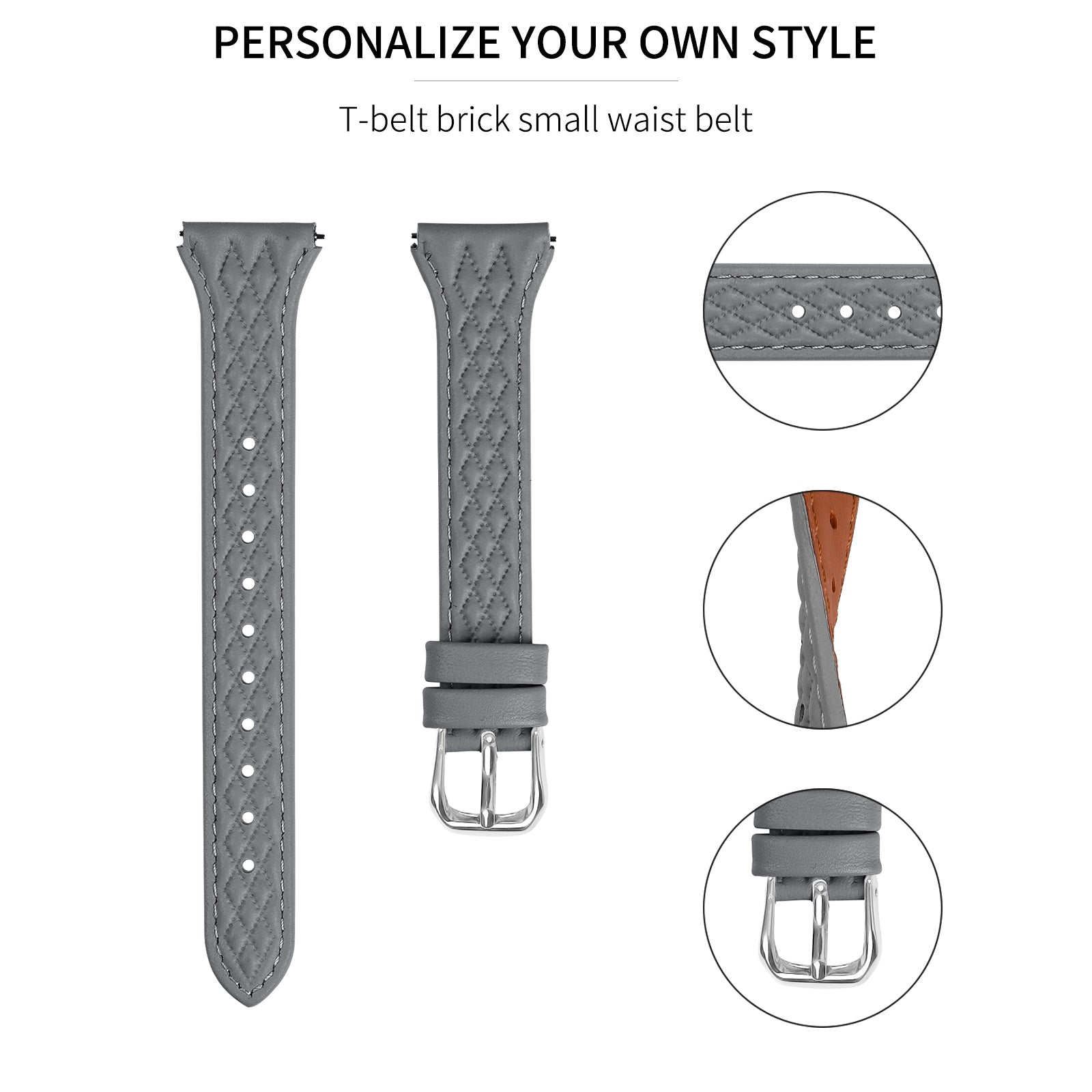 For Misfit Vapor Genuine Cow Leather Wrist Strap Rhombus Imprinted Watchband - Grey