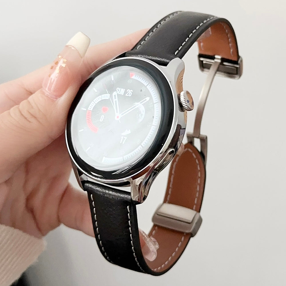 For Samsung Galaxy Watch3 45mm / Huawei Watch 4 Band 22mm Genuine Cow Leather Watch Strap - Waxy Black