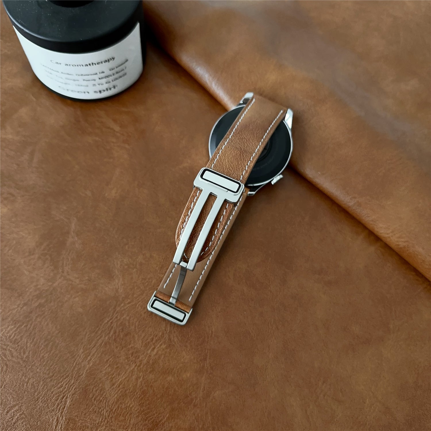 For Samsung Galaxy Watch3 45mm / Huawei Watch 4 Band 22mm Genuine Cow Leather Watch Strap - Waxy Black