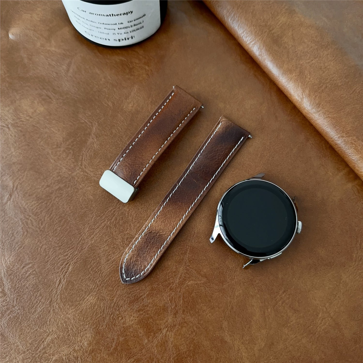 For Samsung Galaxy Watch3 45mm / Huawei Watch 4 Band 22mm Genuine Cow Leather Watch Strap - Waxy Black