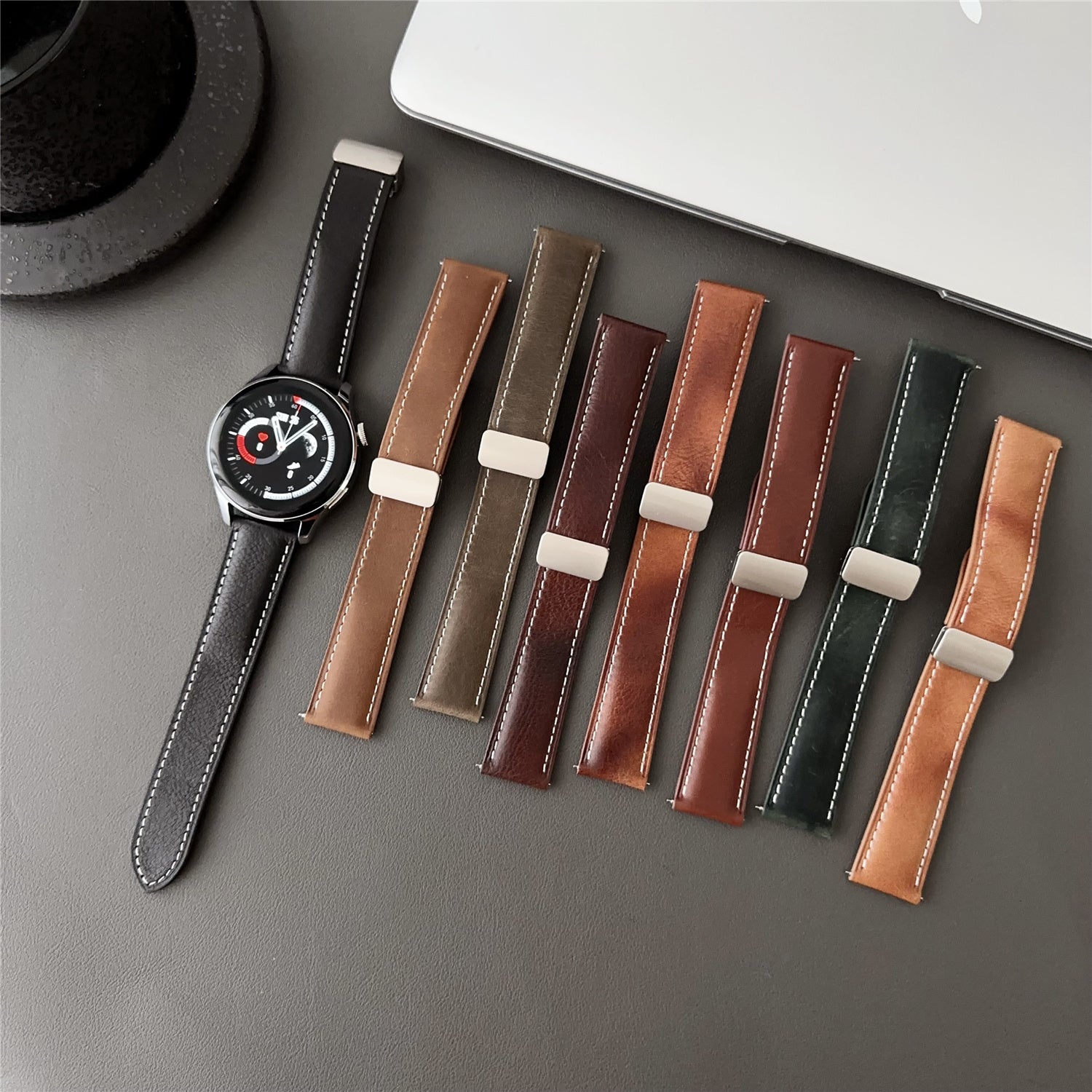 For Samsung Galaxy Watch3 45mm / Huawei Watch 4 Band 22mm Genuine Cow Leather Watch Strap - Waxy Black