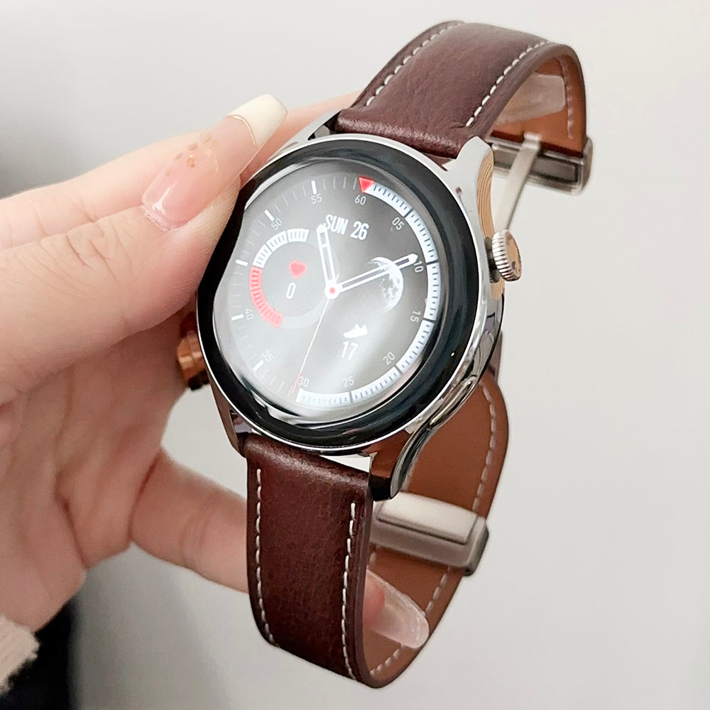 For Samsung Galaxy Watch3 45mm / Huawei Watch 4 Band 22mm Genuine Cow Leather Watch Strap - Waxy Black