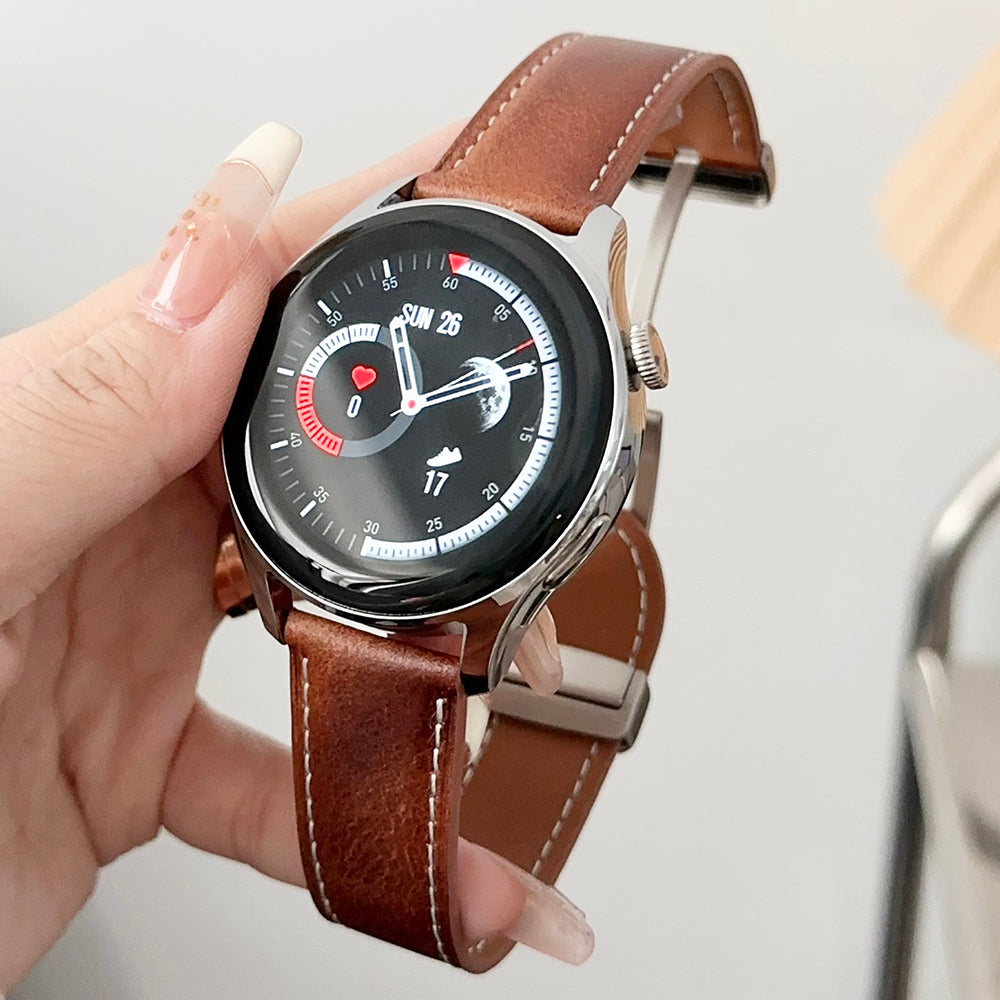 For Samsung Galaxy Watch3 45mm / Huawei Watch 4 Band 22mm Genuine Cow Leather Watch Strap - Waxy Black