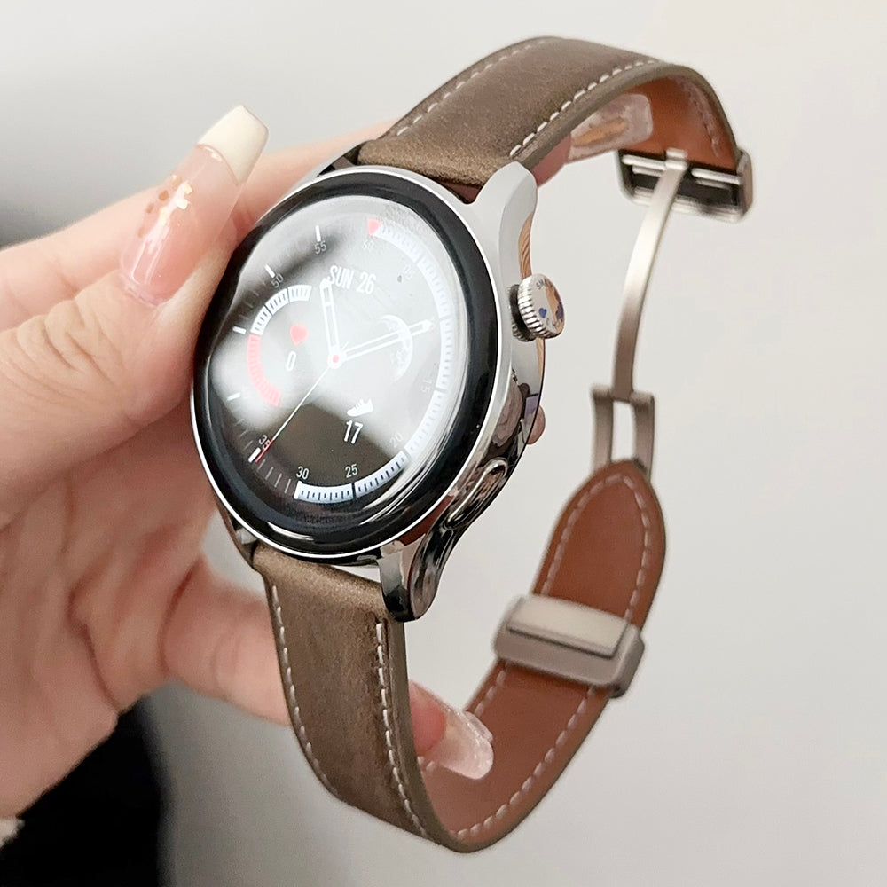 For Samsung Galaxy Watch3 45mm / Huawei Watch 4 Band 22mm Genuine Cow Leather Watch Strap - Waxy Black