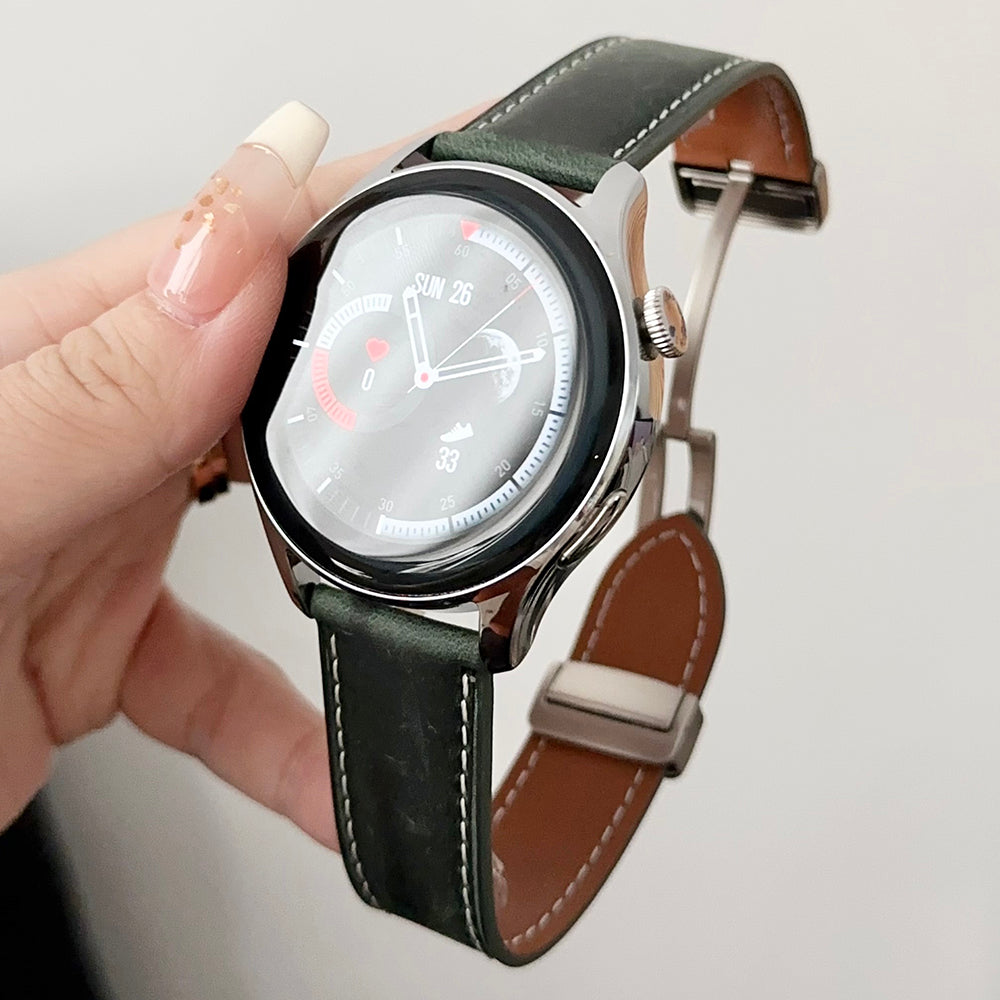 For Samsung Galaxy Watch3 45mm / Huawei Watch 4 Band 22mm Genuine Cow Leather Watch Strap - Waxy Black