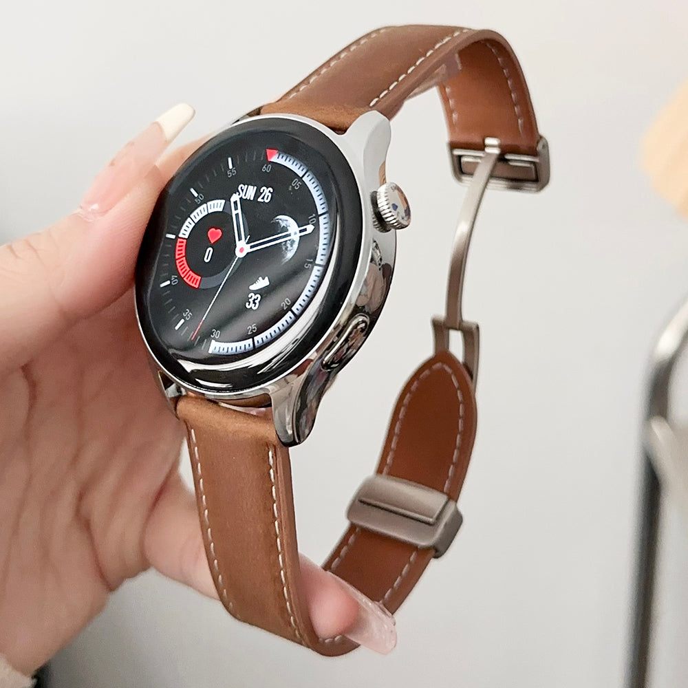 For Samsung Galaxy Watch3 45mm / Huawei Watch 4 Band 22mm Genuine Cow Leather Watch Strap - Waxy Black