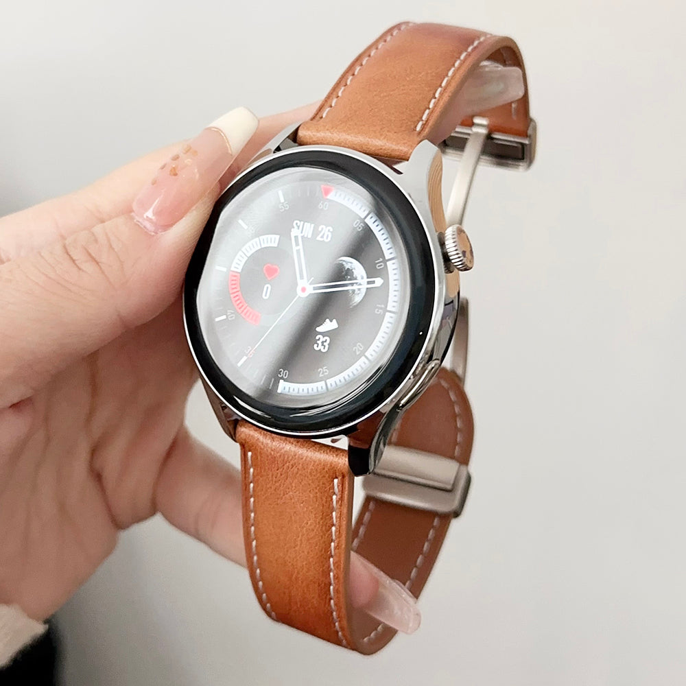 For Samsung Galaxy Watch3 45mm / Huawei Watch 4 Band 22mm Genuine Cow Leather Watch Strap - Waxy Black