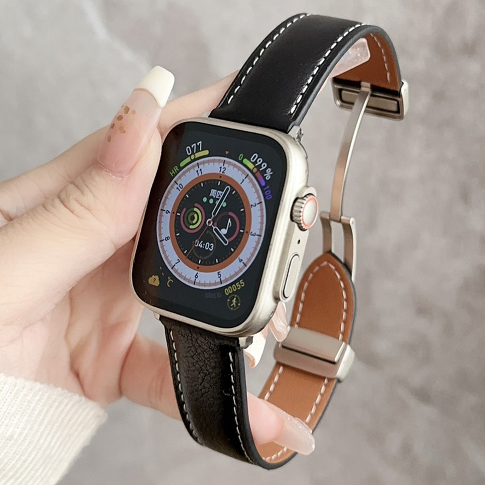 For Apple Watch Ultra 2 Ultra 49mm / Series 9 8 7 45mm / SE (2023) SE (2022) SE 6 5 4 44mm / 3 2 1 42mm Vintage Watch Strap - Waxy Black