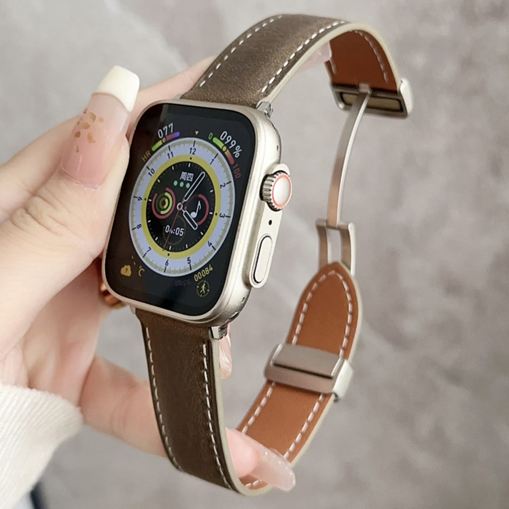 For Apple Watch Ultra 2 Ultra 49mm / Series 9 8 7 45mm / SE (2023) SE (2022) SE 6 5 4 44mm / 3 2 1 42mm Vintage Watch Strap - Waxy Black
