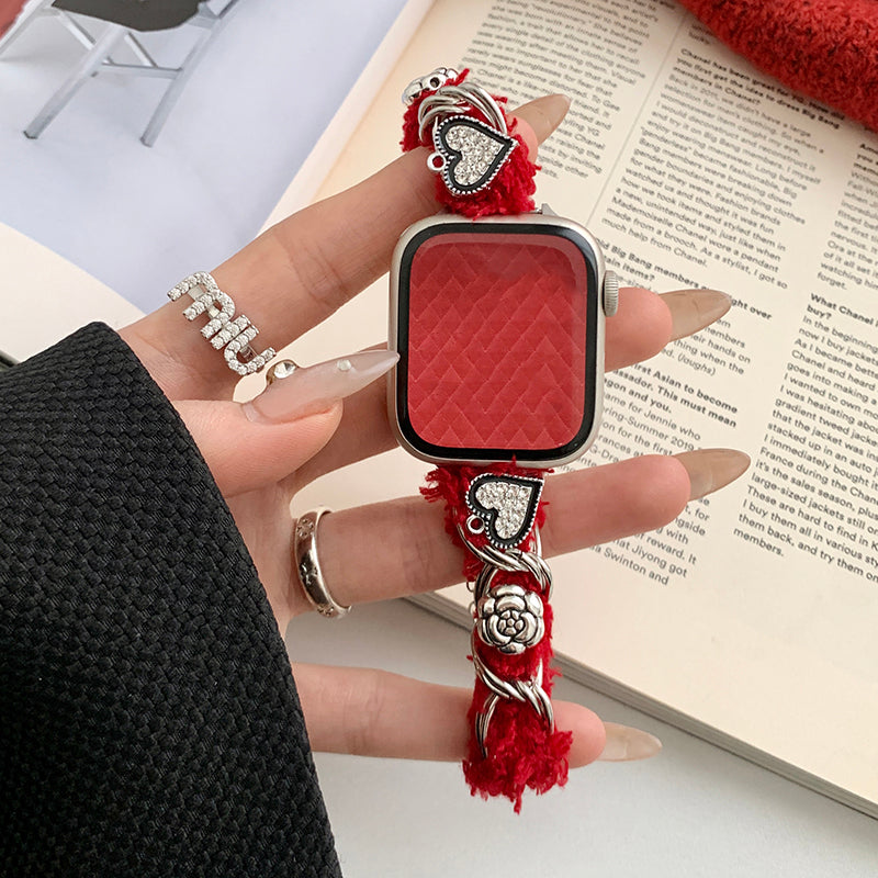 For Apple Watch Ultra 2 Ultra 49mm / Series 9 8 7 45mm / SE (2023) SE (2022) SE 6 5 4 44mm / 3 2 1 42mm Plush Soft Wrist Strap - White / Star
