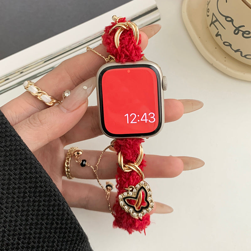 For Apple Watch Ultra 2 Ultra 49mm / Series 9 8 7 45mm / SE (2023) SE (2022) SE 6 5 4 44mm / 3 2 1 42mm Plush Soft Wrist Strap - White / Star