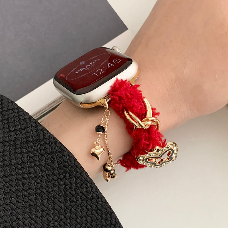 For Apple Watch Series 9 8 7 41mm / SE (2023) SE (2022) SE 6 5 4 40mm / 3 2 1 38mm Plush Watch Band with Pendants - Red / Butterfly