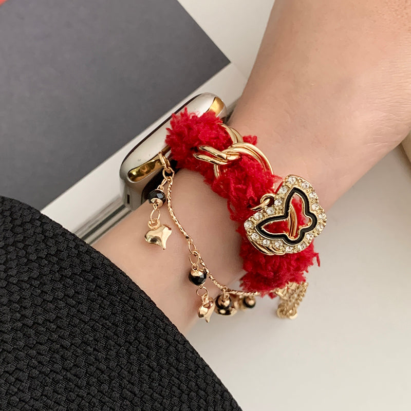 For Apple Watch Series 9 8 7 41mm / SE (2023) SE (2022) SE 6 5 4 40mm / 3 2 1 38mm Plush Watch Band with Pendants - Red / Butterfly