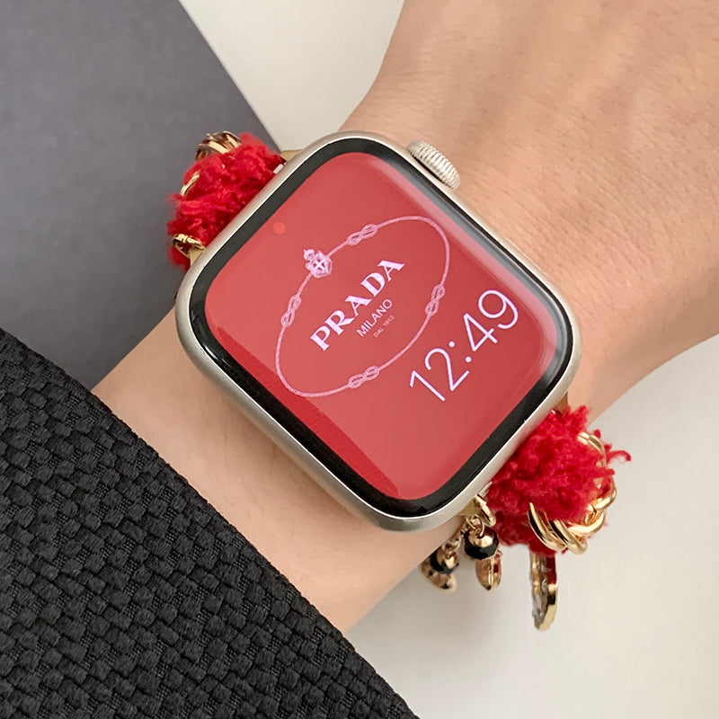 For Apple Watch Series 9 8 7 41mm / SE (2023) SE (2022) SE 6 5 4 40mm / 3 2 1 38mm Plush Watch Band with Pendants - Red / Butterfly