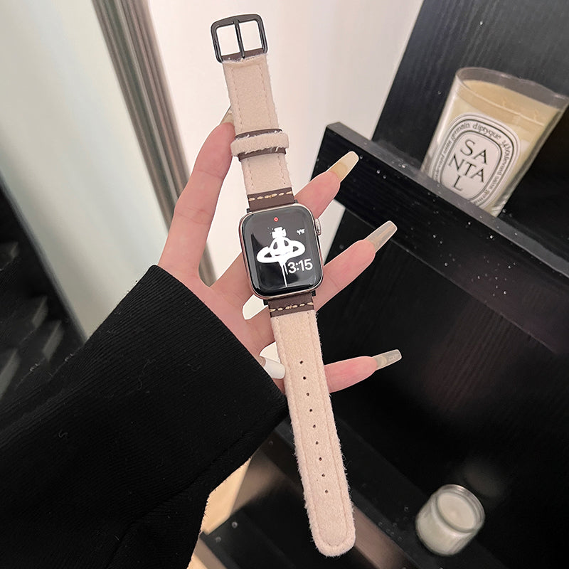 For Apple Watch Ultra 2 Ultra 49mm 9 / 8 / 7 45mm / 6 / 5 / 4 / SE / SE (2020) / SE (2023) 44mm / 3 / 2 / 1 42mm Woolen Fabric+PU Watch Band - White