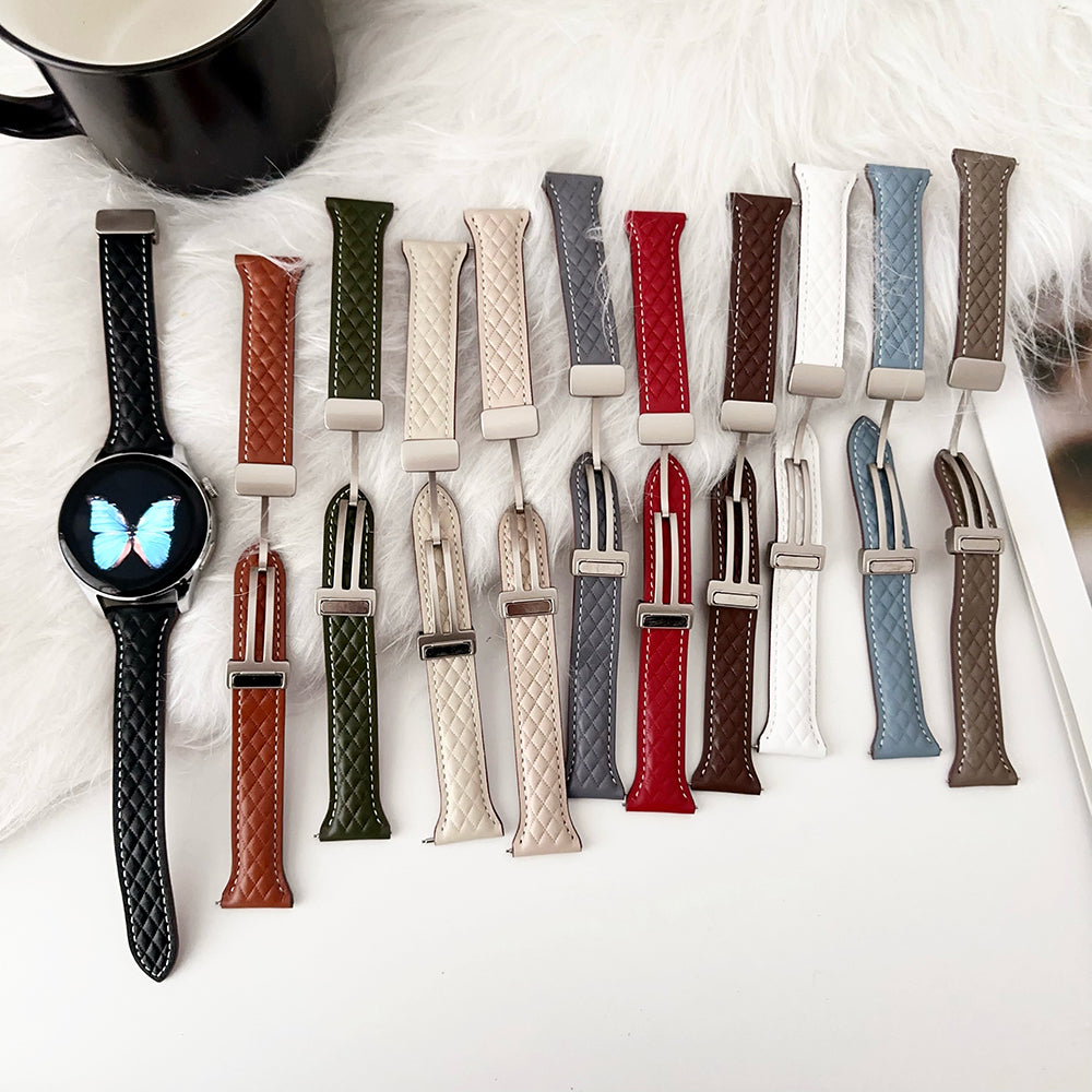 For Samsung Galaxy Watch3 45mm / Huawei Watch Ultimate Genuine Cow Leather 22mm Watch Band with Rhombus Pattern - Black