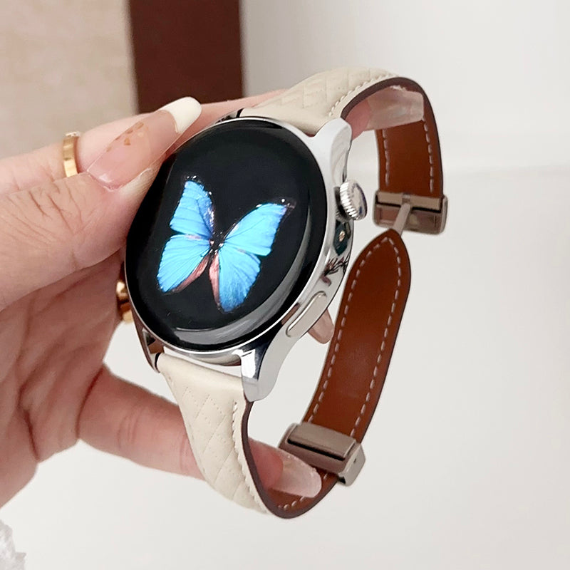 For Samsung Galaxy Watch3 45mm / Huawei Watch Ultimate Genuine Cow Leather 22mm Watch Band with Rhombus Pattern - Black
