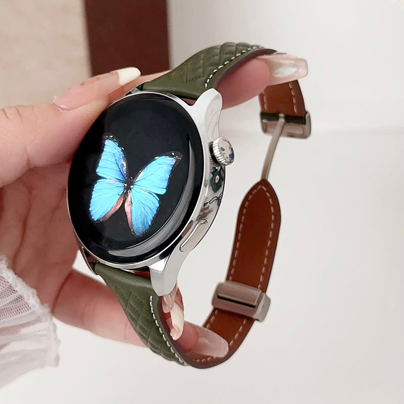 For Samsung Galaxy Watch3 45mm / Huawei Watch Ultimate Genuine Cow Leather 22mm Watch Band with Rhombus Pattern - Black