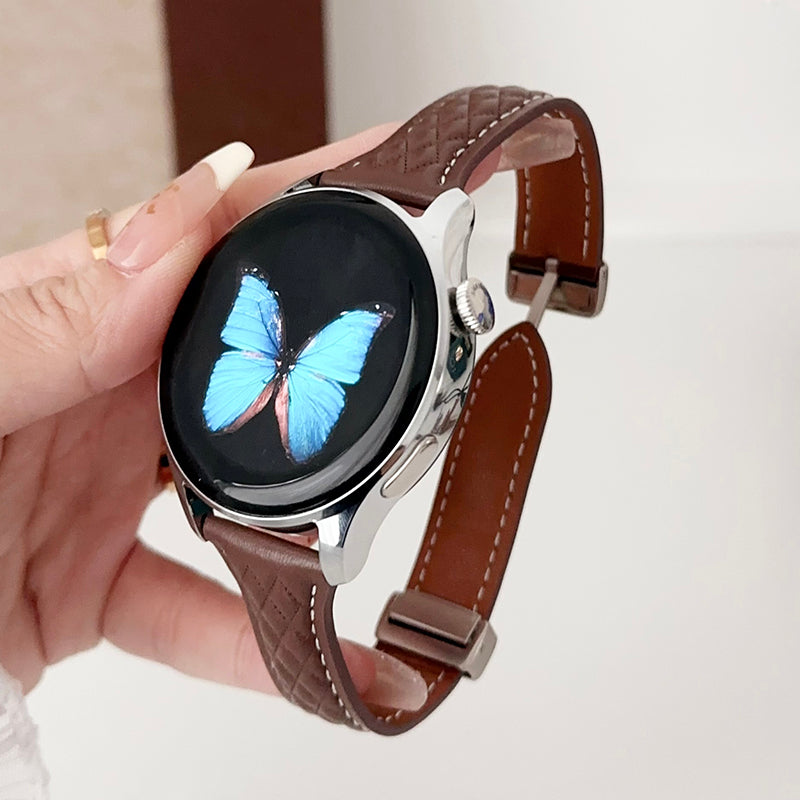 For Samsung Galaxy Watch3 45mm / Huawei Watch Ultimate Genuine Cow Leather 22mm Watch Band with Rhombus Pattern - Black