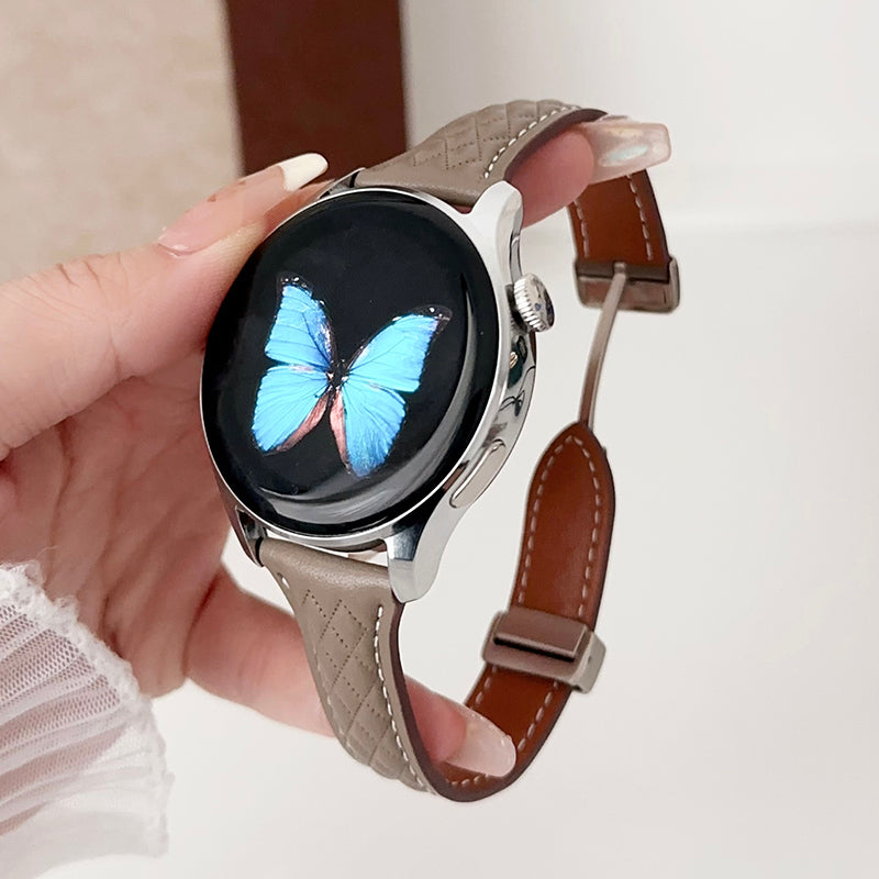 For Samsung Galaxy Watch3 45mm / Huawei Watch Ultimate Genuine Cow Leather 22mm Watch Band with Rhombus Pattern - Black