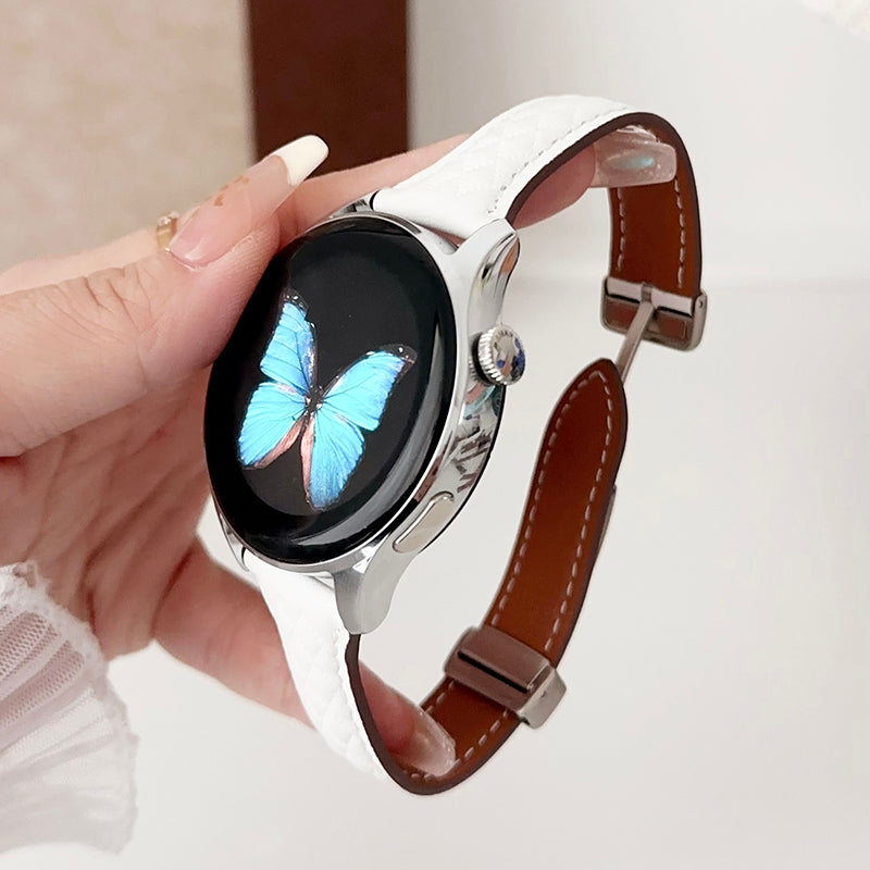 For Samsung Galaxy Watch3 45mm / Huawei Watch Ultimate Genuine Cow Leather 22mm Watch Band with Rhombus Pattern - Black