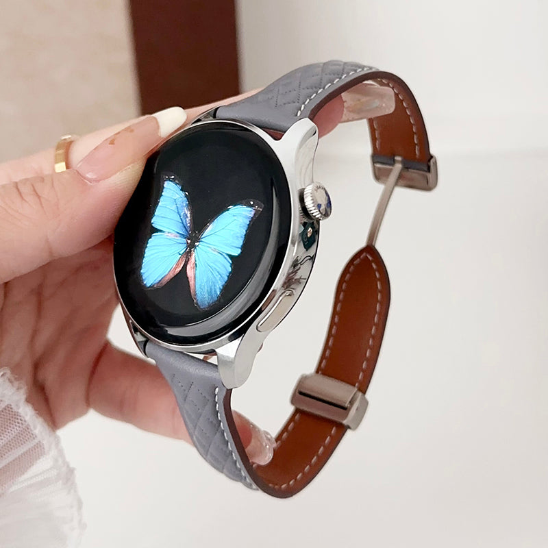 For Samsung Galaxy Watch3 45mm / Huawei Watch Ultimate Genuine Cow Leather 22mm Watch Band with Rhombus Pattern - Black