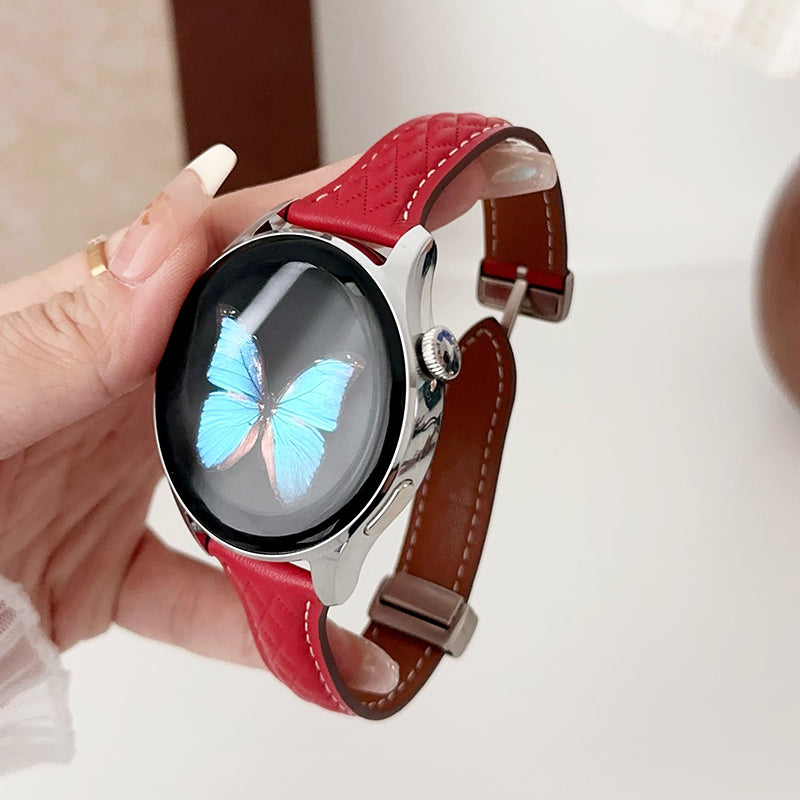 For Samsung Galaxy Watch3 45mm / Huawei Watch Ultimate Genuine Cow Leather 22mm Watch Band with Rhombus Pattern - Black