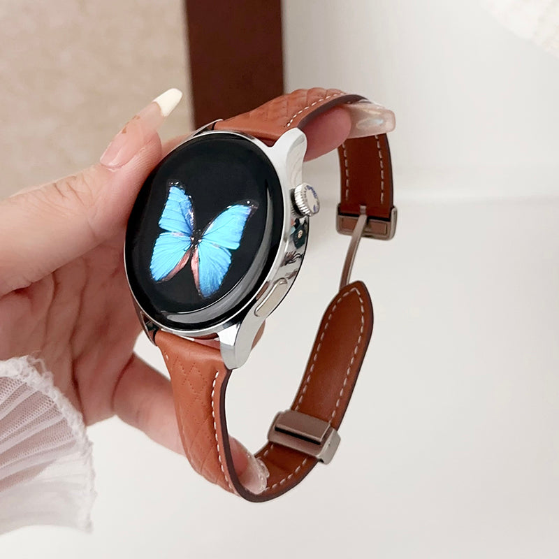 For Samsung Galaxy Watch3 45mm / Huawei Watch Ultimate Genuine Cow Leather 22mm Watch Band with Rhombus Pattern - Black