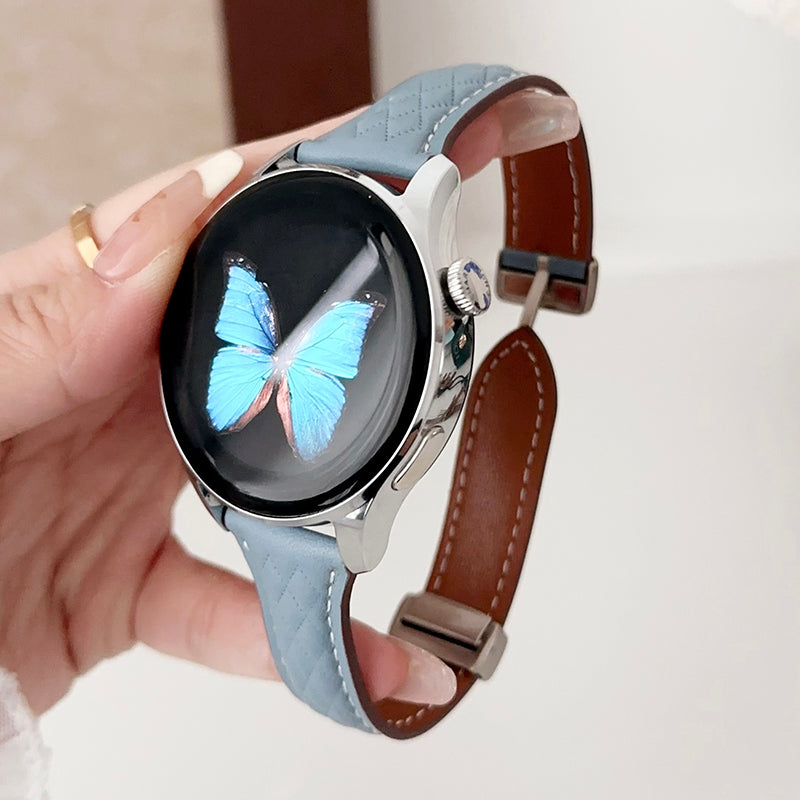 For Samsung Galaxy Watch3 45mm / Huawei Watch Ultimate Genuine Cow Leather 22mm Watch Band with Rhombus Pattern - Black
