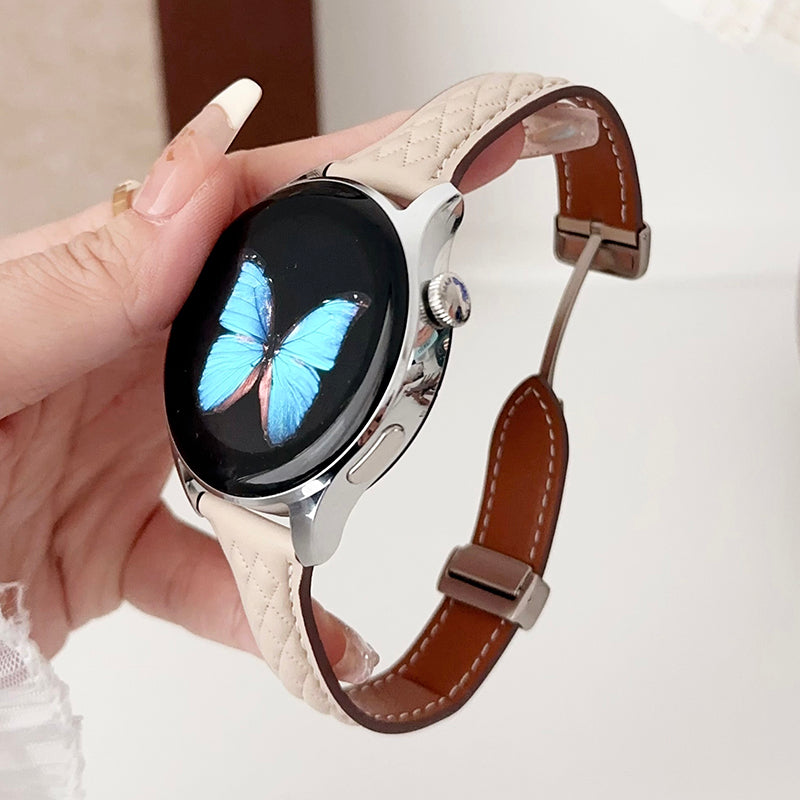 For Samsung Galaxy Watch3 45mm / Huawei Watch Ultimate Genuine Cow Leather 22mm Watch Band with Rhombus Pattern - Black