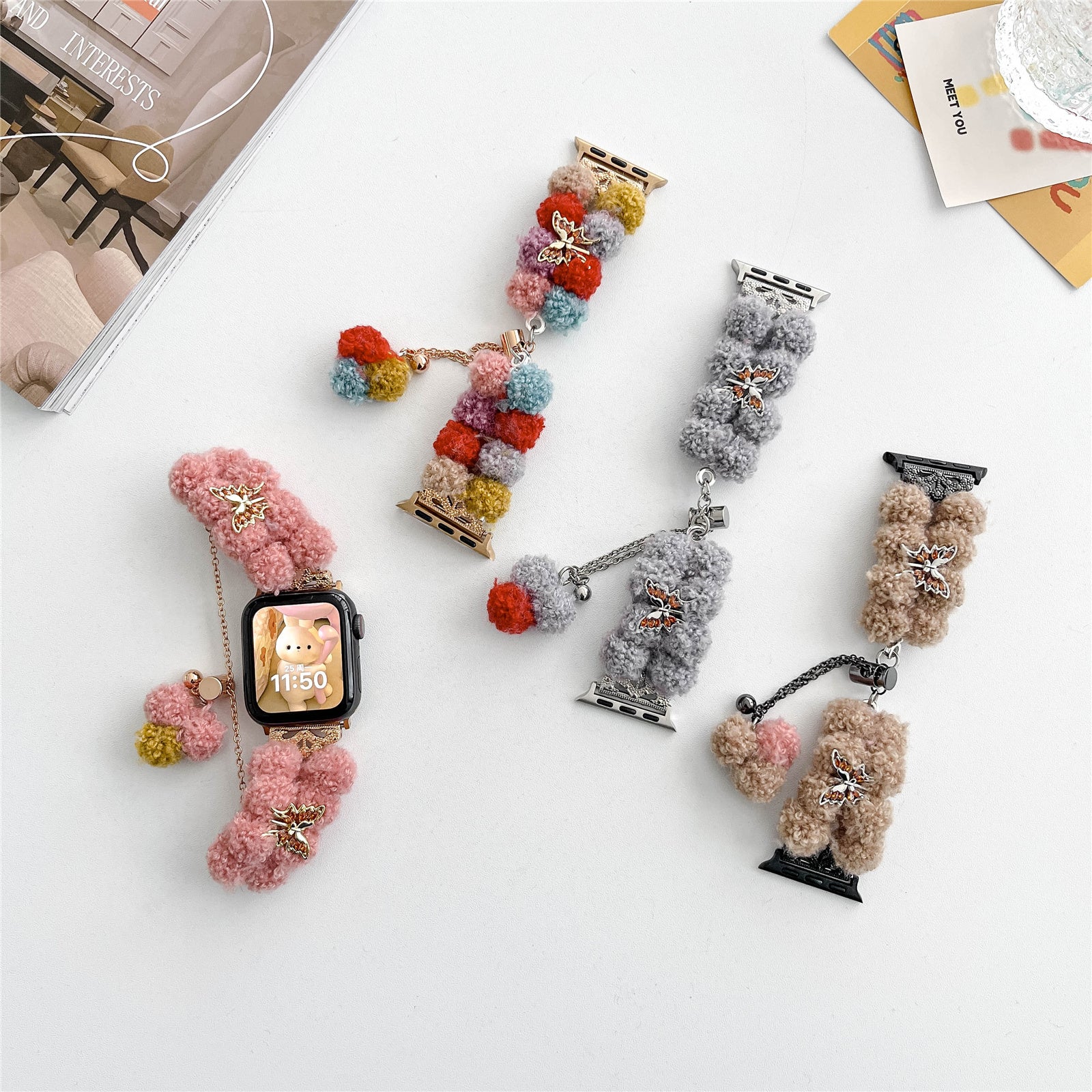 For Apple Watch Ultra 2 Ultra 49mm / Series 9 8 7 45mm / SE (2023) SE (2022) SE 6 5 4 44mm / 3 2 1 42mm Velvet Cotton Bracelet Wrist Strap - Pink