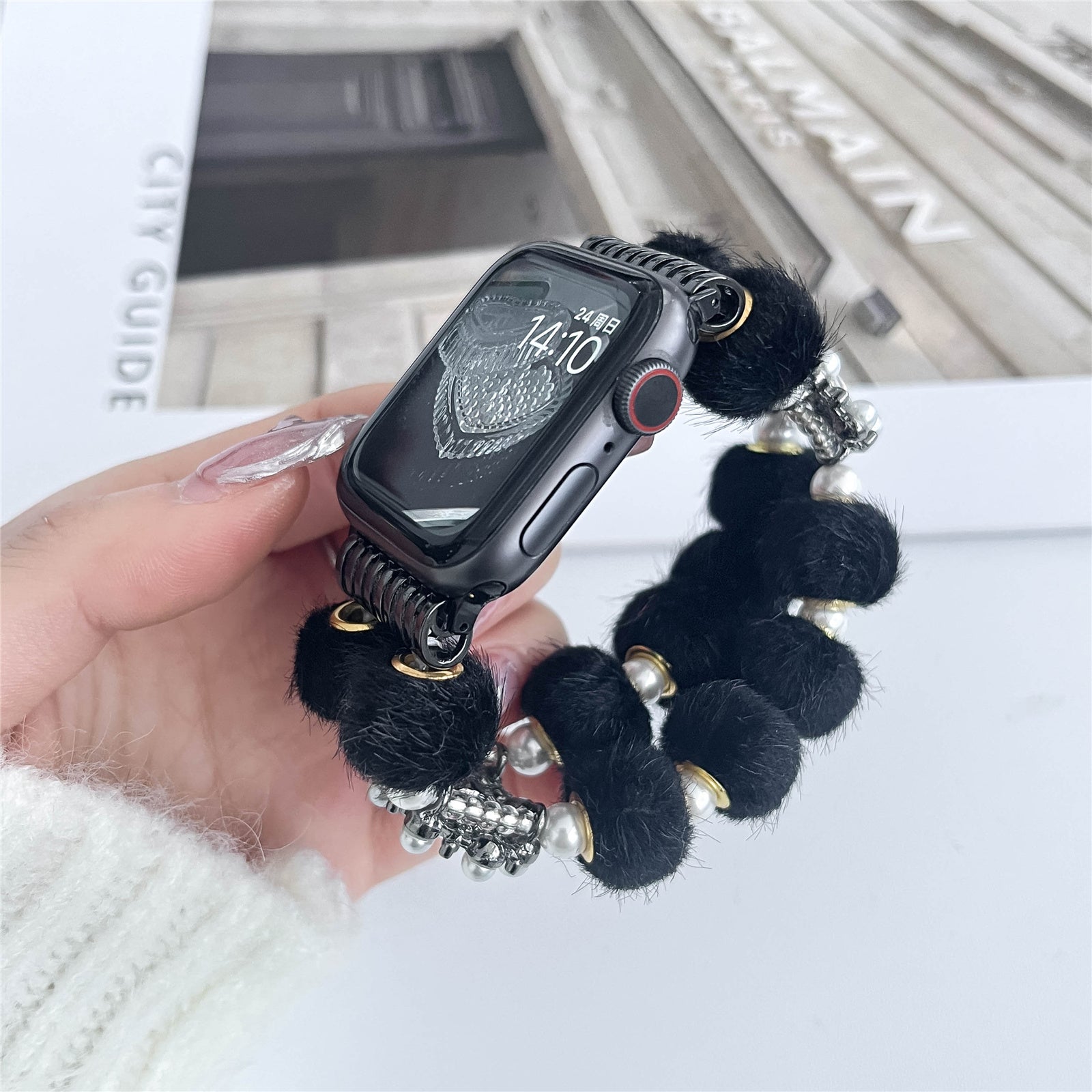 For Apple Watch Series 9 8 7 41mm / 6 5 4 SE (2023) SE (2022) SE 40mm / 3 2 1 38mm Watch Band Beaded String - Black