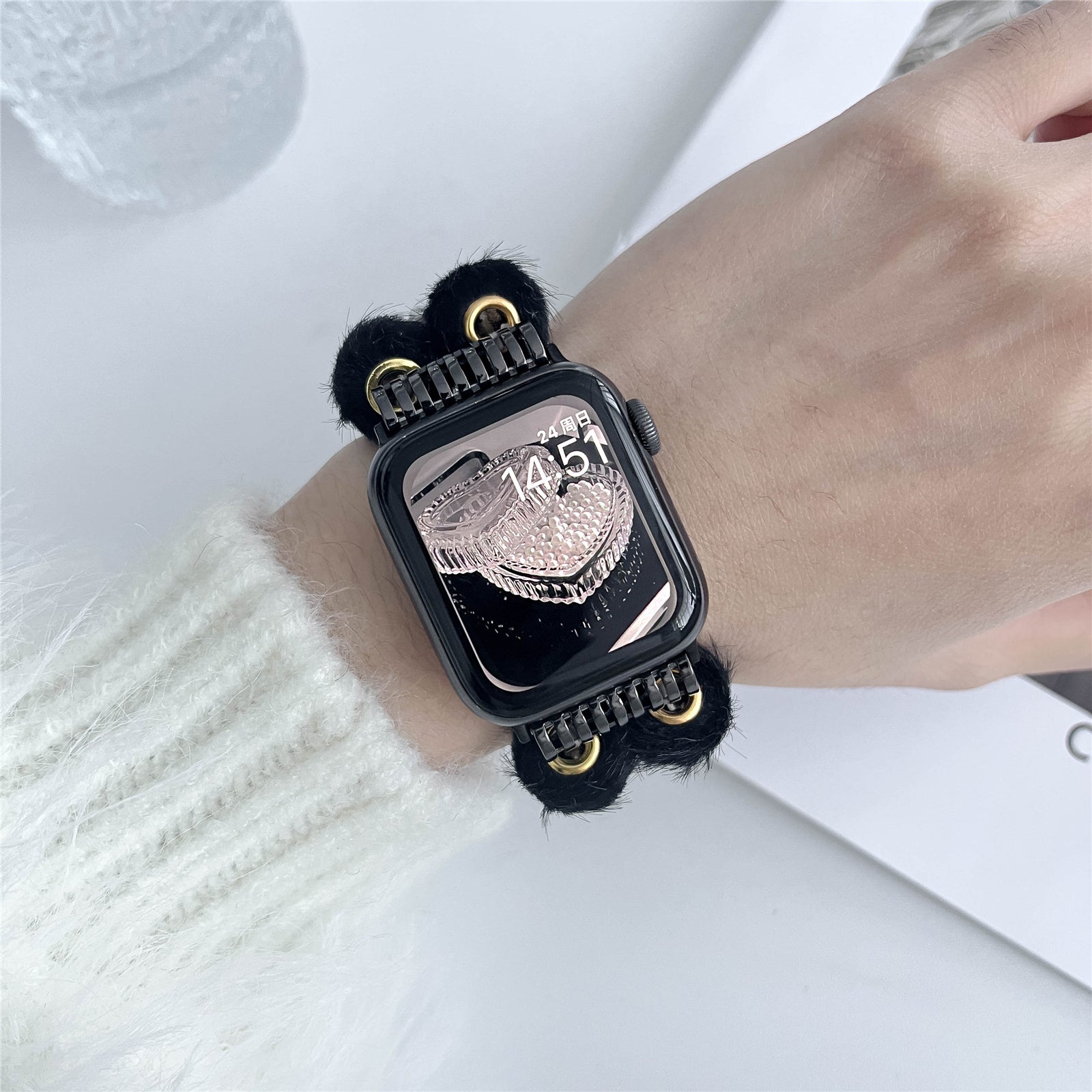 For Apple Watch Series 9 8 7 41mm / 6 5 4 SE (2023) SE (2022) SE 40mm / 3 2 1 38mm Watch Band Beaded String - Black