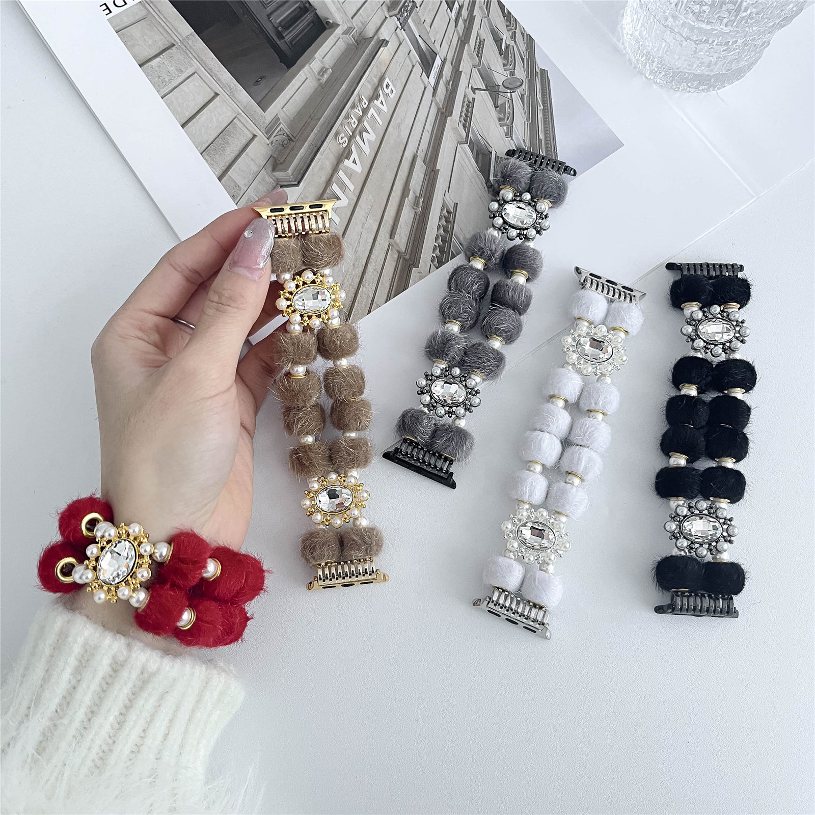 For Apple Watch Series 9 8 7 41mm / 6 5 4 SE (2023) SE (2022) SE 40mm / 3 2 1 38mm Watch Band Beaded String - Black
