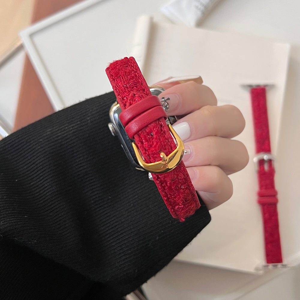 For Apple Watch Ultra 2 Ultra 49mm / 9 8 7 45mm / 6 5 4 SE (2023) SE (2022) SE 44mm / 3 2 1 42mm Watch Strap Woolen+Leather - Red+Gold Buckle