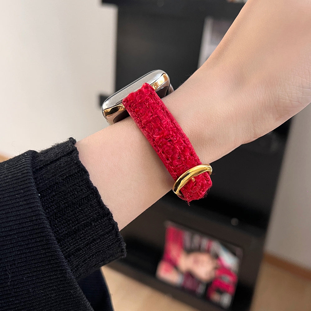 For Apple Watch Ultra 2 Ultra 49mm / 9 8 7 45mm / 6 5 4 SE (2023) SE (2022) SE 44mm / 3 2 1 42mm Watch Strap Woolen+Leather - Red+Gold Buckle