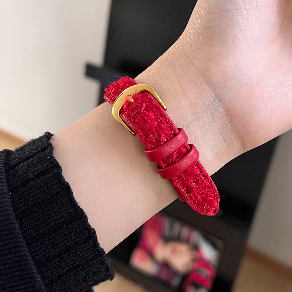 For Apple Watch Ultra 2 Ultra 49mm / 9 8 7 45mm / 6 5 4 SE (2023) SE (2022) SE 44mm / 3 2 1 42mm Watch Strap Woolen+Leather - Red+Gold Buckle