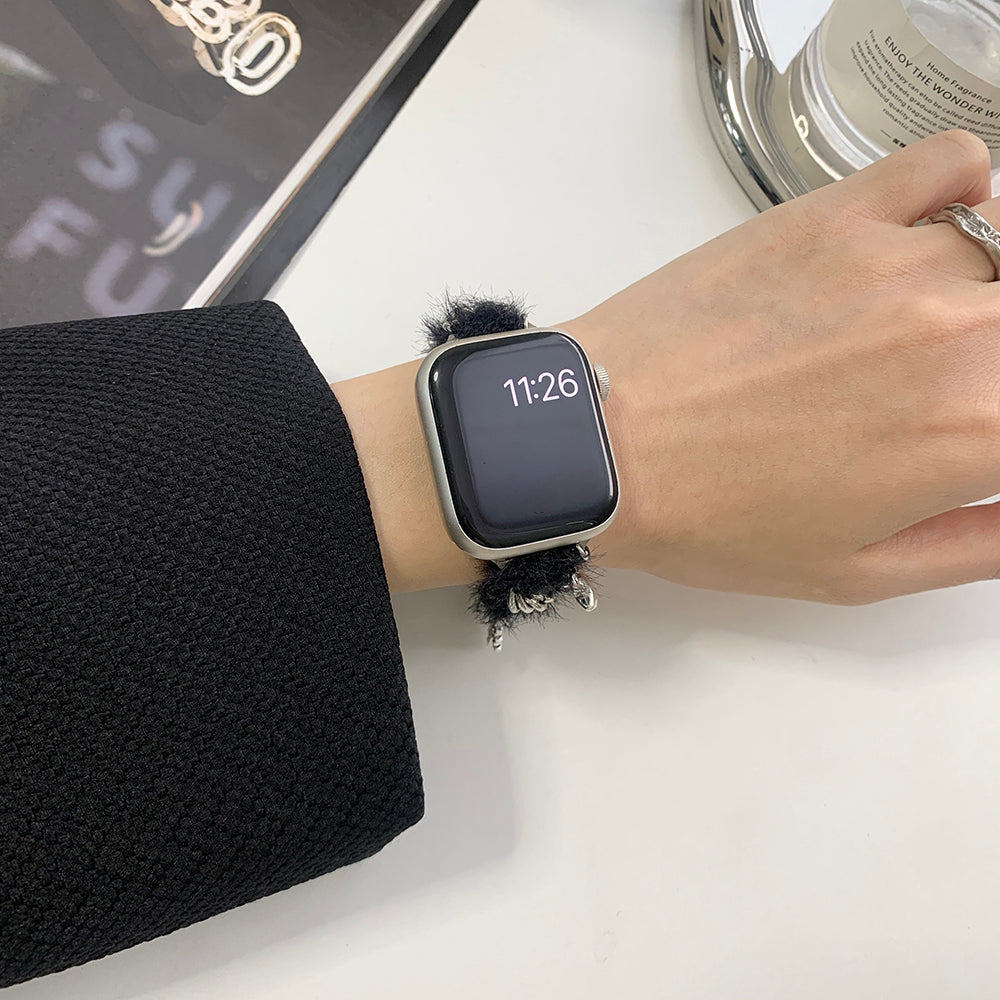 For Apple Watch Series 9 8 7 41mm / 6 5 4 SE (2022) SE (2023) SE 40mm / 3 2 1 38mm Adjustable Plush Watch Strap - Black+Silver