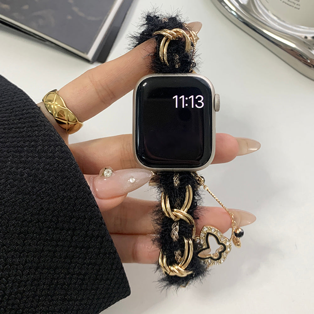 For Apple Watch Series 9 8 7 41mm / 6 5 4 SE (2022) SE (2023) SE 40mm / 3 2 1 38mm Adjustable Plush Watch Strap - Black+Silver