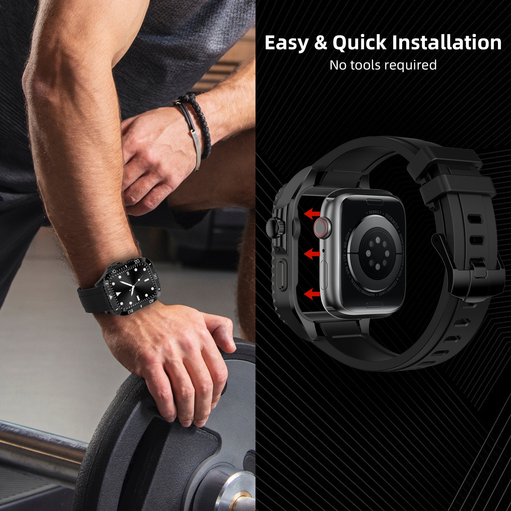 For Apple Watch SE (2023) / SE (2022) / SE / Series 6 5 4 44mm TPU Strap with Stainless Steel Watch Case - Black