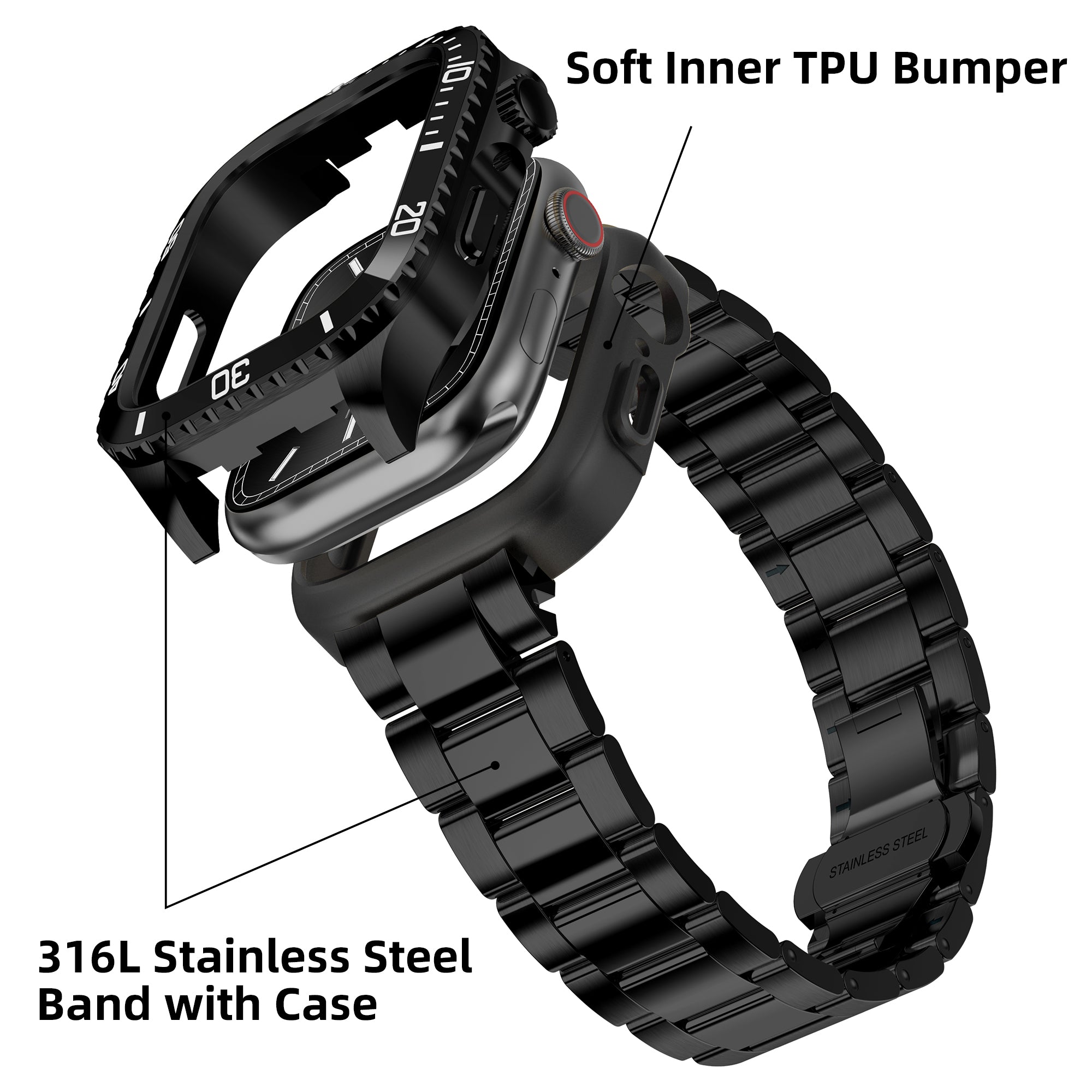For Apple Watch Series 9 / 8 / 7 45mm Stainless Steel Replacement Strap with Integrated Watch Case - Black