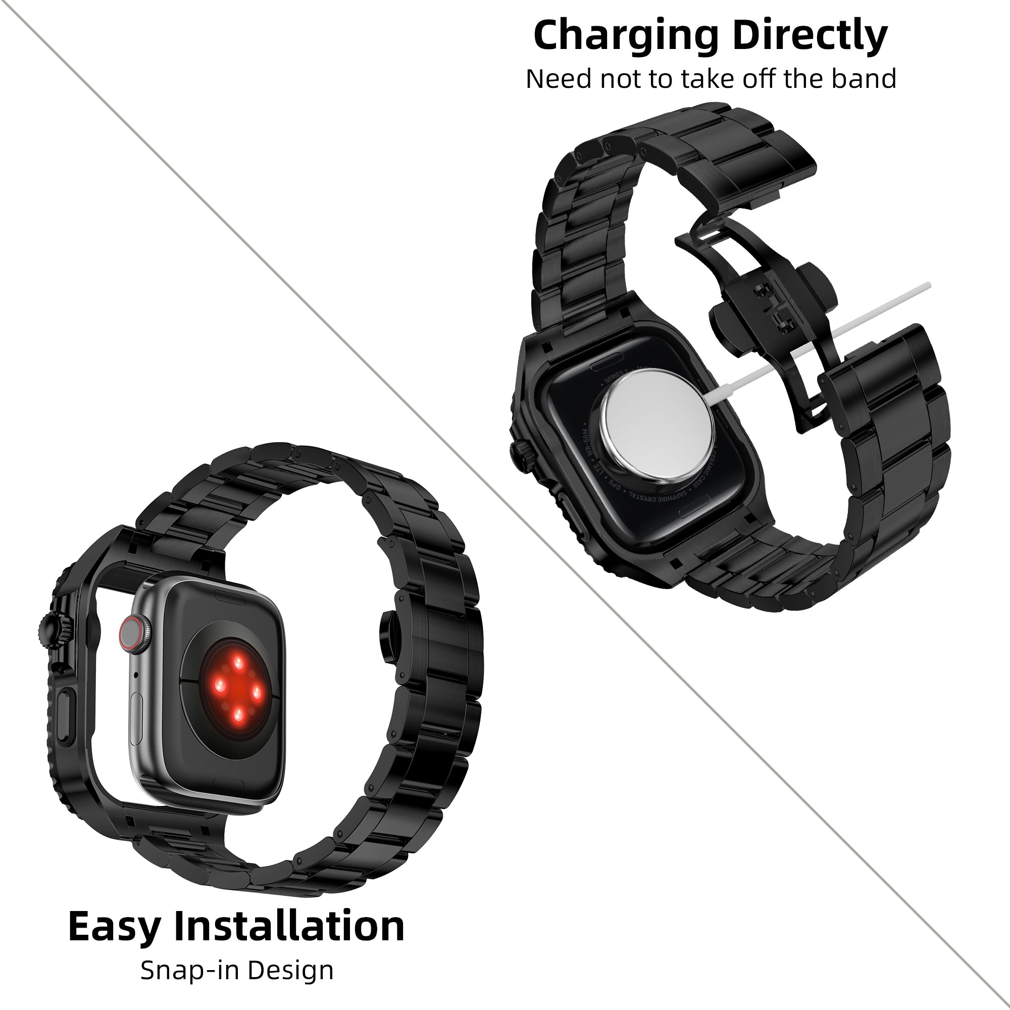 For Apple Watch Series 9 / 8 / 7 45mm Stainless Steel Replacement Strap with Integrated Watch Case - Black