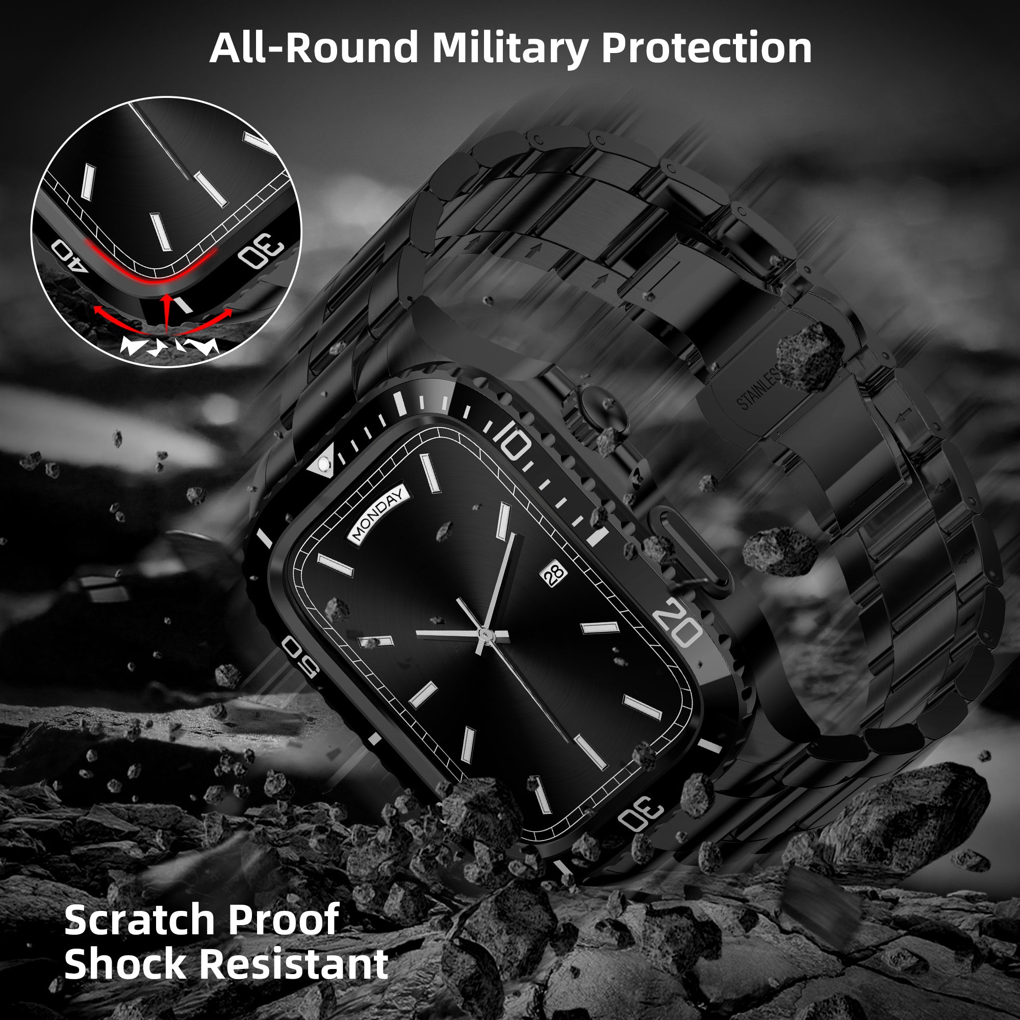 For Apple Watch Series 9 / 8 / 7 45mm Stainless Steel Replacement Strap with Integrated Watch Case - Black