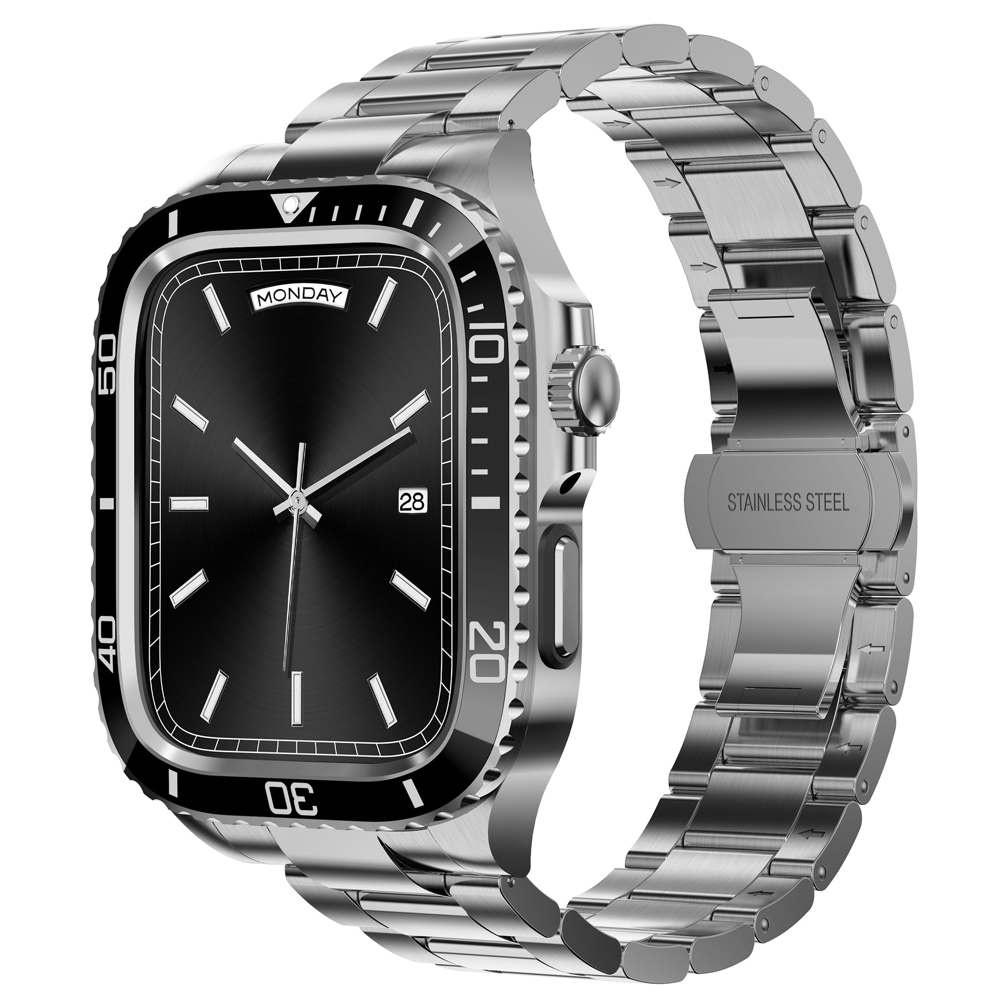 For Apple Watch Series 9 / 8 / 7 45mm Stainless Steel Replacement Strap with Integrated Watch Case - Black