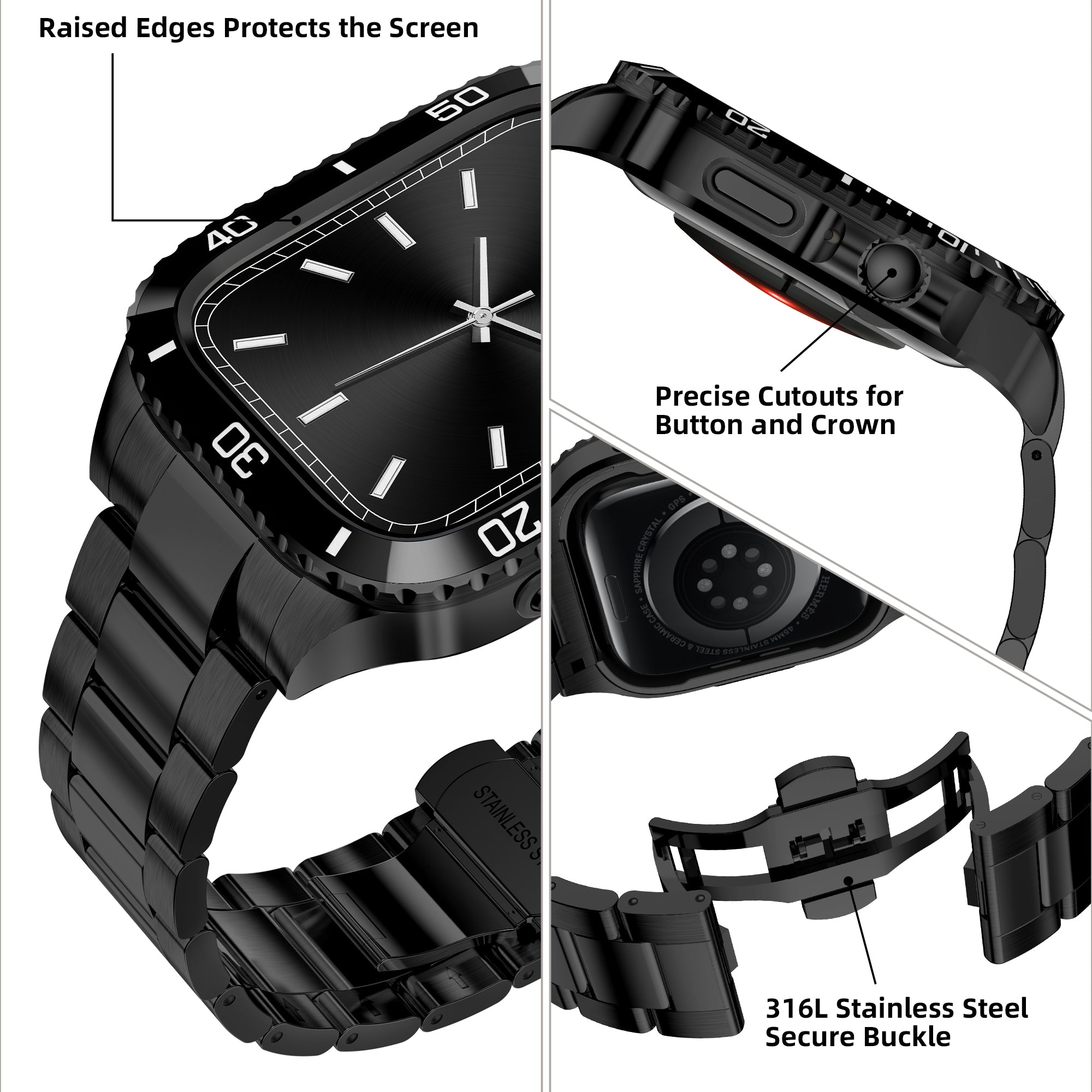 For Apple Watch SE (2023) / SE (2022) / SE / Series 6 5 4 44mm Integrated Stainless Steel Strap with Protective Case - Black