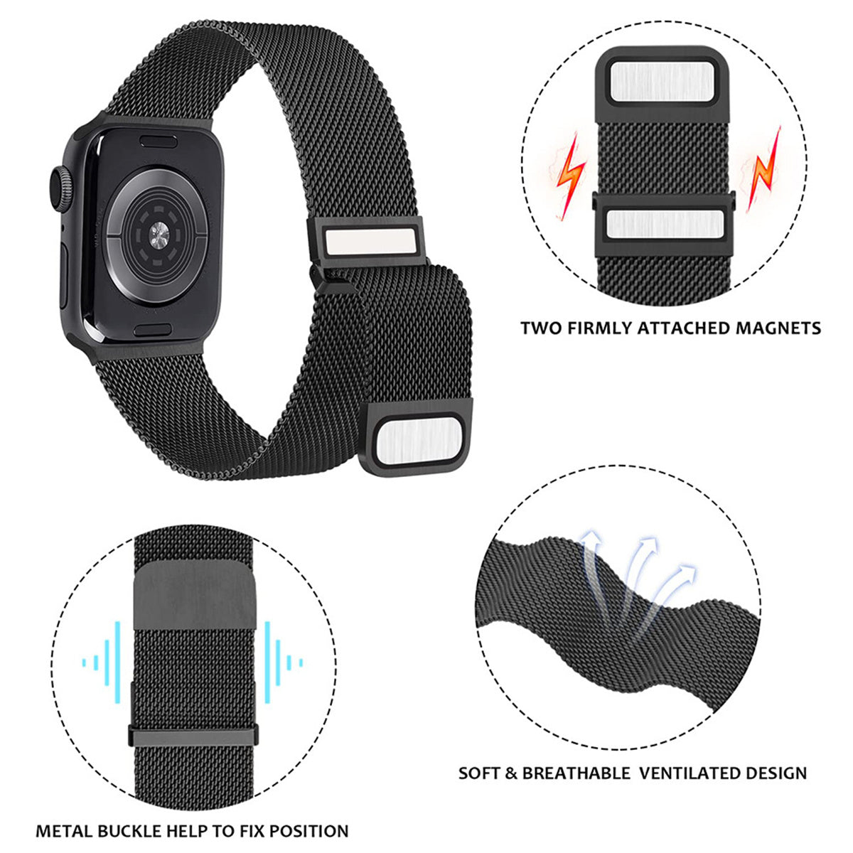 For Apple Watch Ultra 2 Ultra 49mm  /  Series 9 8 7 45mm  /  6 5 4 SE (2023) SE (2022) SE 44mm  /  3 2 1 42mm Magnetic Wrist Strap - Black