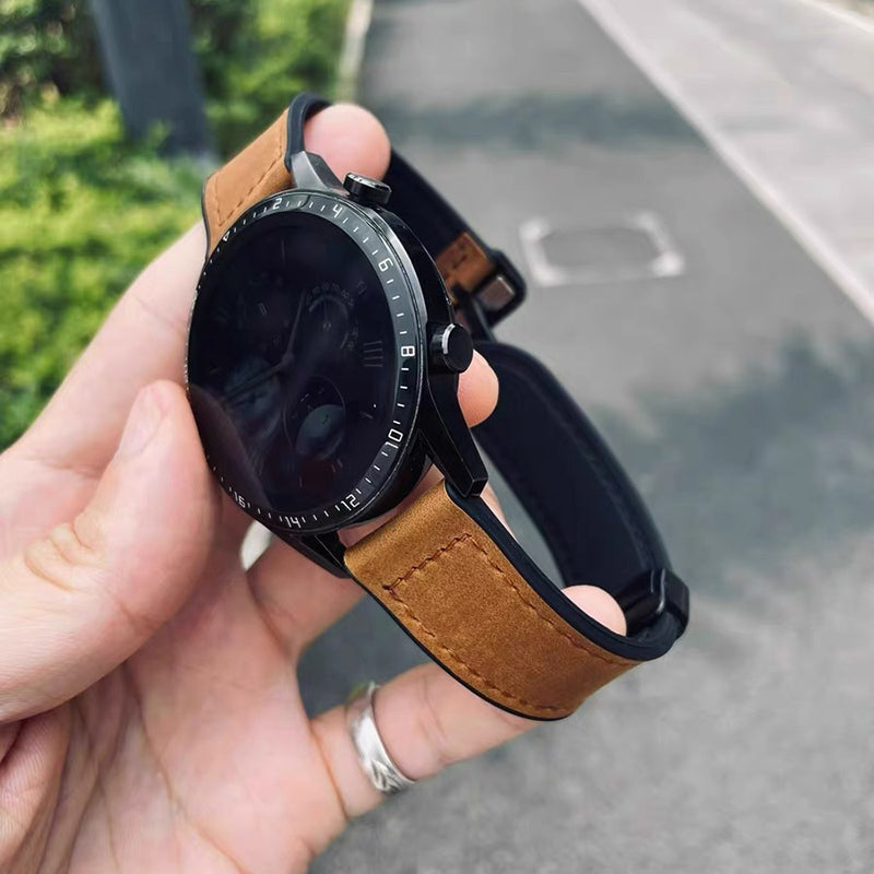 For Samsung Galaxy Gear S3 Classic / Huawei Watch GT 4 46mm Magnetic Genuine Cow Leather Watch Strap, 22mm - Light Brown